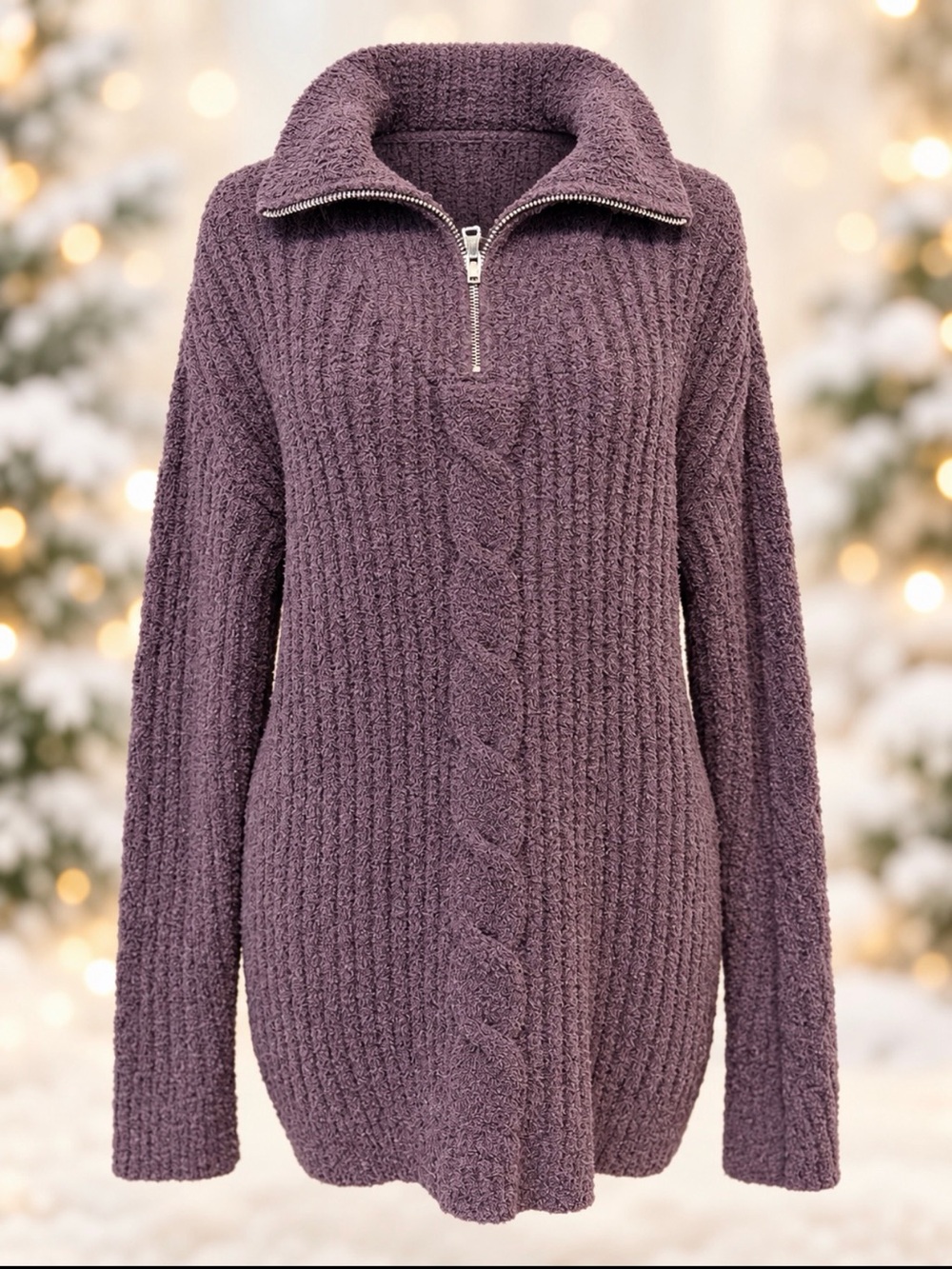 Cozy Half-Zip Cable Knit Sweater - Dusty Plum